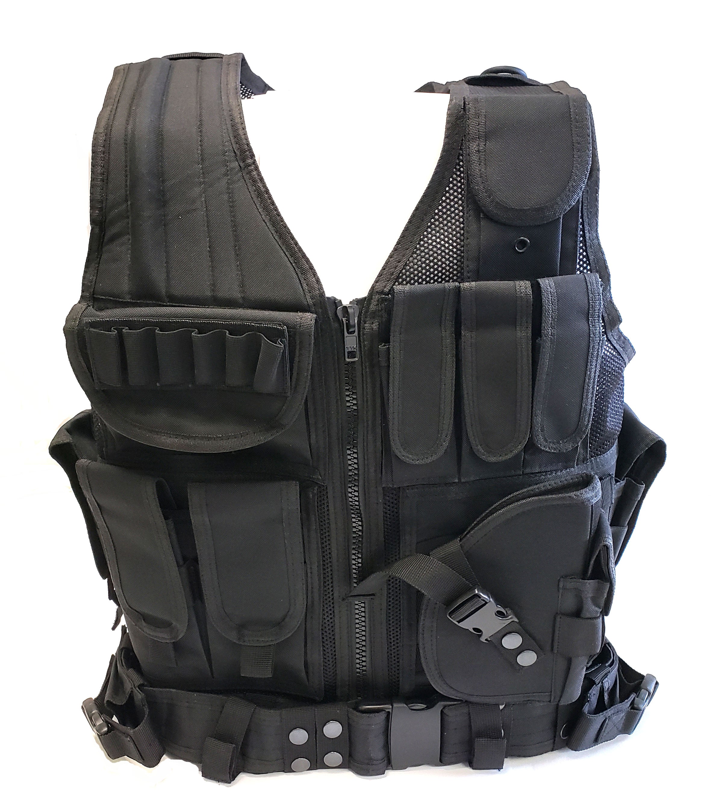 3Skull Light Weight Upgraded Tactical Airsoft or Paintball Vest - Duty Belt, Pistol Holster, 9 Pouches - Black