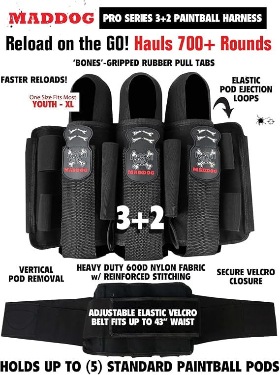 Maddog Pro 3+2 Paintball Harness Pod Pack | Harness Only | Adjustable Pod Holder Belt for Tournament, Woodsball & Speedball (Holds up to 5 Pods)