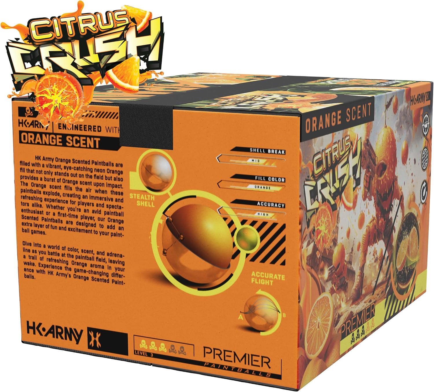 HK Army Scented Paintballs, Citrus Crush, 500 Count | Level 3 Premier Grade .68 Caliber with Metallic Orange Shell & Bright Orange Fill | High Accuracy, Eco-Friendly Paintball for All Conditions