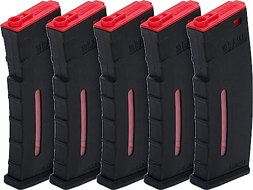EvikeAirsoft-BAMF30rdPolymerMilSimMag for M4/M16 AirsoftAEGRifles(Black&Red/5Pk)