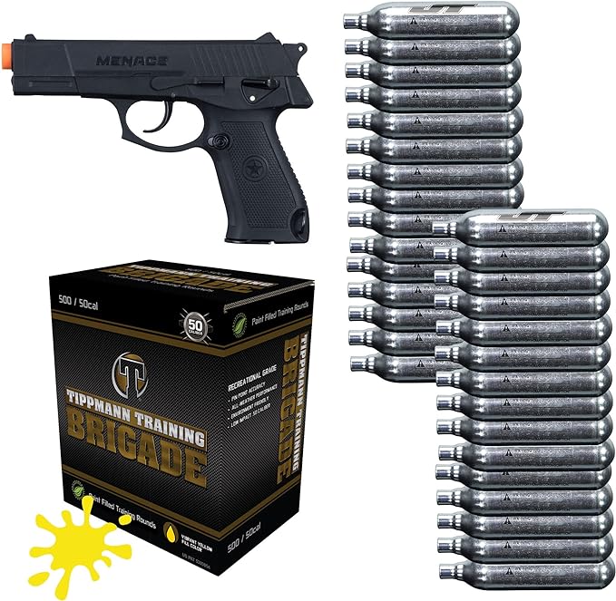 Tippmann Menace 50cal Paintball Pistol Bundle with 7rd Mag, 30ct 12g CO2 Cylinders and 500ct Paintballs