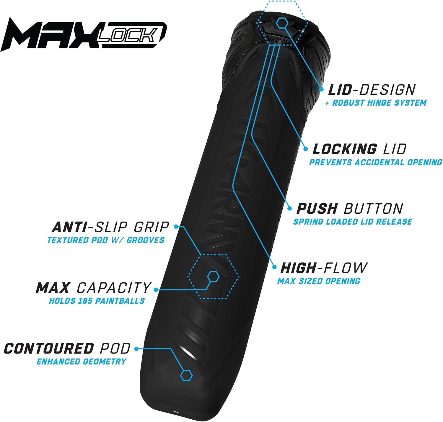 HK Army Paintball Pods - MaxLock 185 Round Locklid 6-Pack (Stealth)