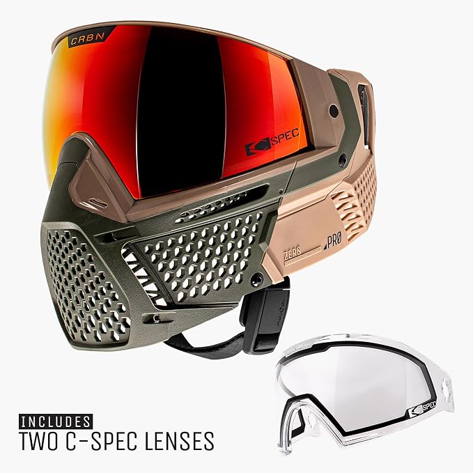 CRBN Paintball Zero Pro Goggle - Includes: Two Lens + Visor + Case - Carbon Paintball (Safari, More Coverage)