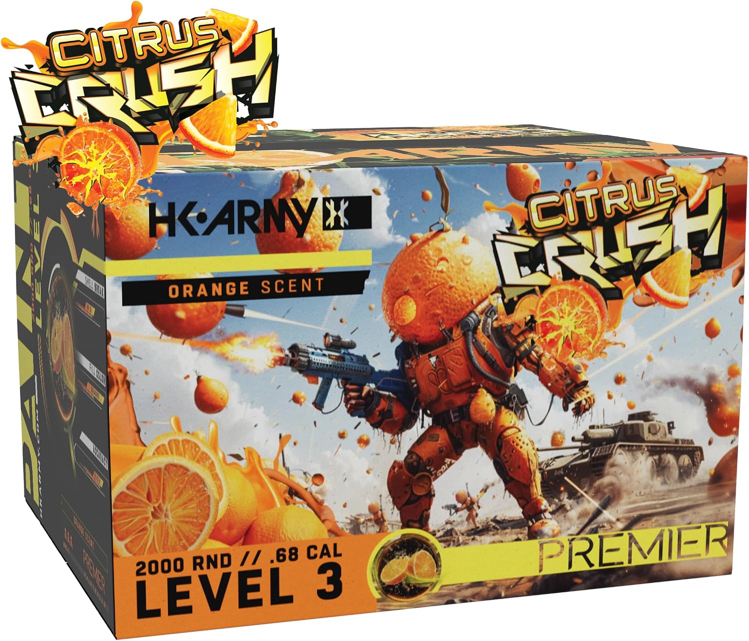 HK Army Scented Paintballs, Citrus Crush, 500 Count | Level 3 Premier Grade .68 Caliber with Metallic Orange Shell & Bright Orange Fill | High Accuracy, Eco-Friendly Paintball for All Conditions