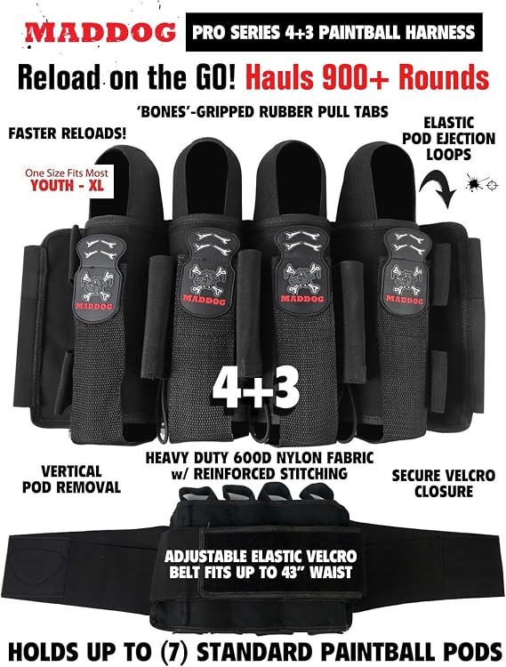 Maddog Pro 4+3 Paintball Harness Pod Pack | Harness Only | Adjustable Pod Holder Belt for Tournament, Woodsball & Speedball (Holds up to 7 Pods)